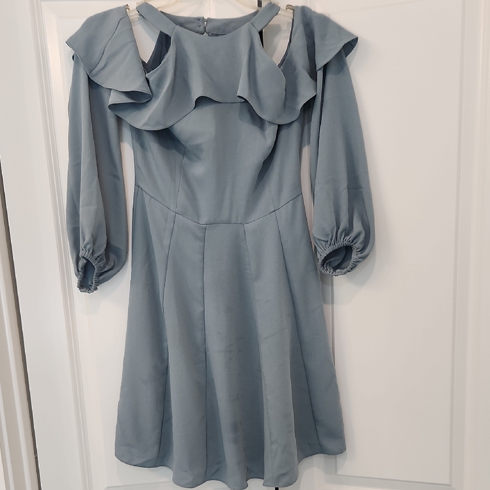 BCBG Chic Long Sleeve Ruffle Dress in Soft Blue